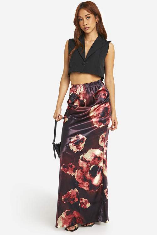 Blurred floral print satin bias maxi skirt - dark mauve