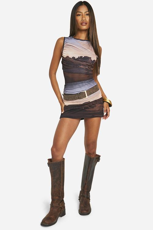 Desert print drape front tank bodysuit - black