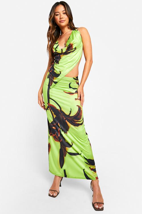 Large scale floral slinky cowl cami & maxi skirt - lime