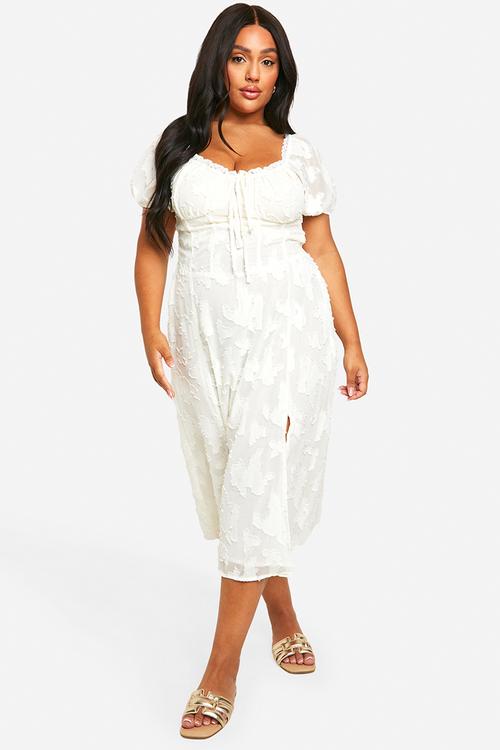 Plus Burnout Milkmaid Midi Dress - White