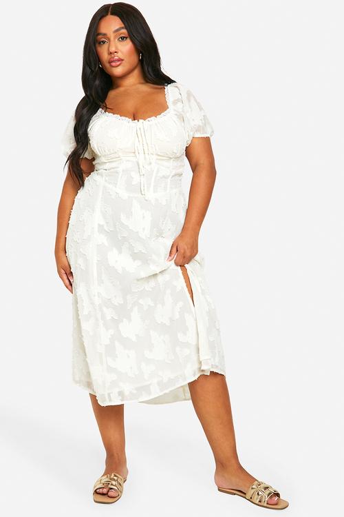 Plus Burnout Milkmaid Midi Dress - White