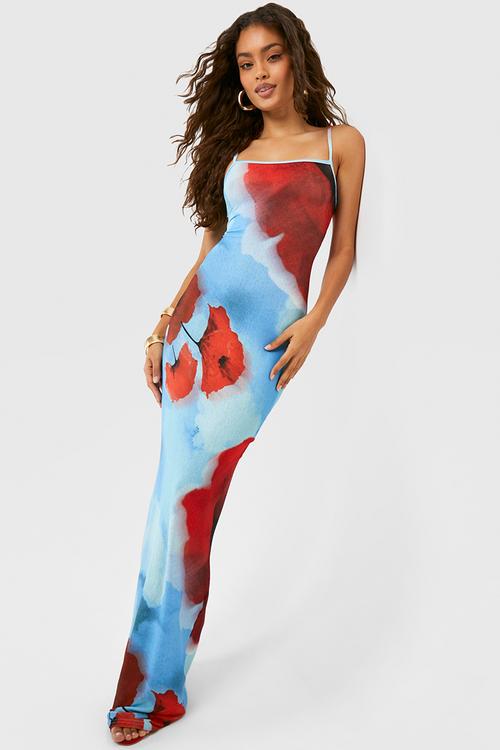 Sheer floral strappy maxi dress - blue