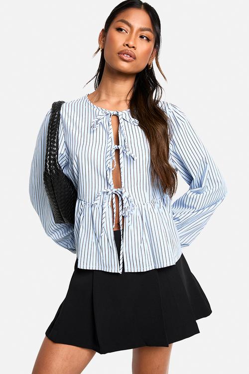Blue stripe tie front puff long sleeve smock top - blue