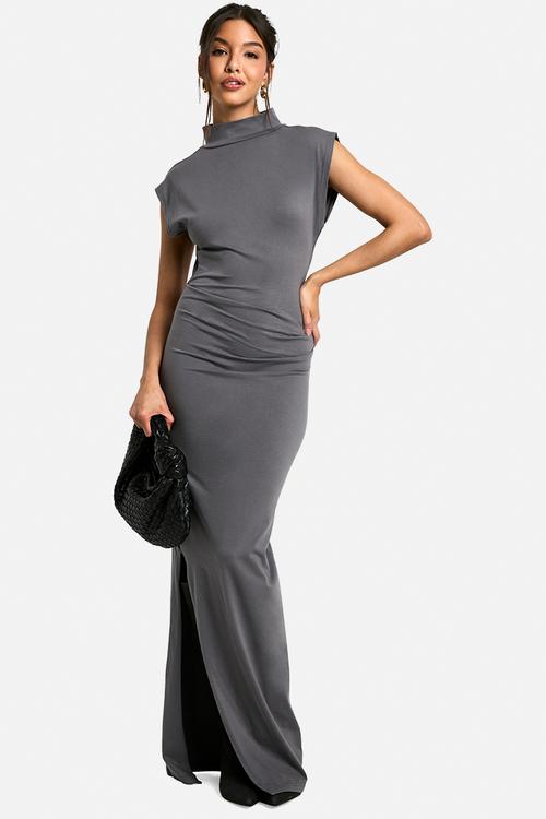 Ruched high neck midaxi dress - charcoal