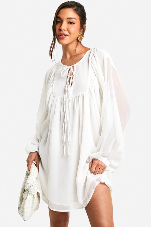 Crinkle chiffon smock dress - cream