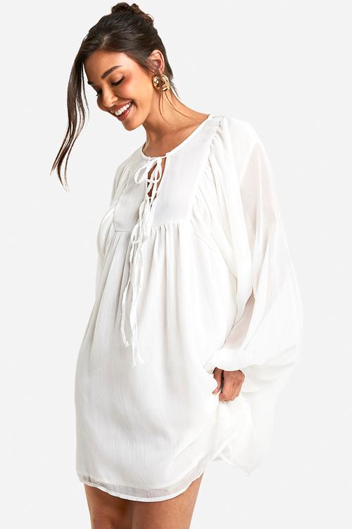 Crinkle chiffon smock dress - cream