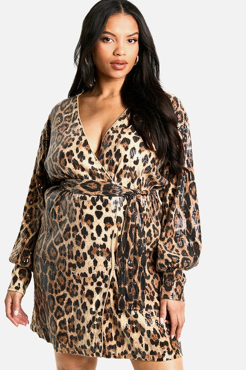 Plus sequin wrap dress -  leopard