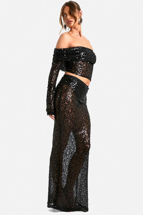 Sequin beaded lace maxi skirt - black