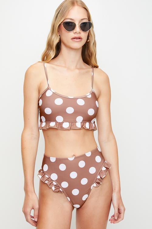 Ladies Printed High Waisted BikiniBottoms With Frilled Leg Trim - Tan / White Polka Dot