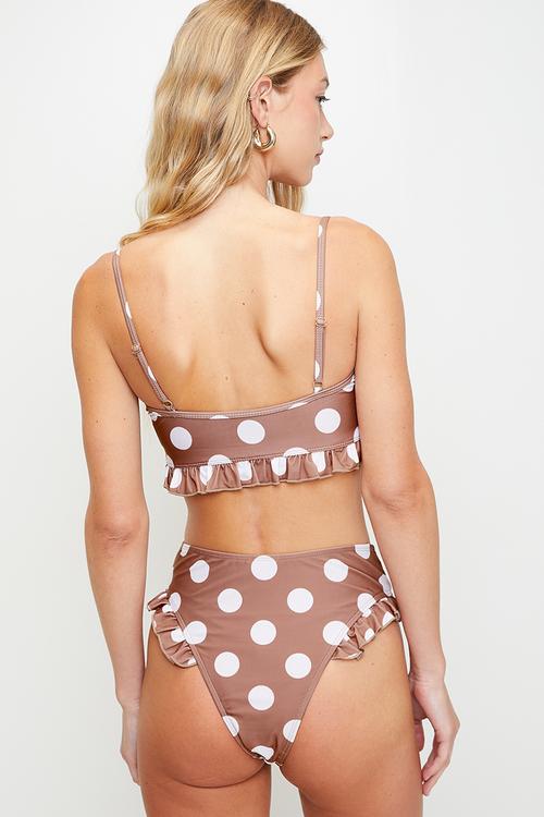 Ladies Printed High Waisted BikiniBottoms With Frilled Leg Trim - Tan / White Polka Dot