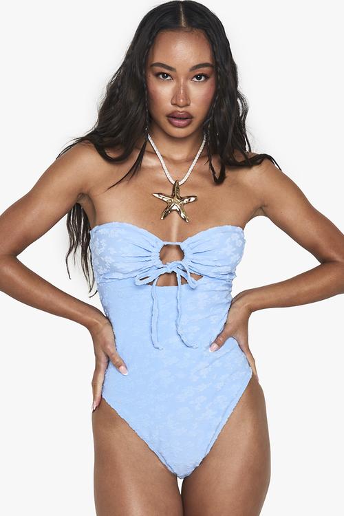 Floral embossed bandeau swimsuit - cornflower blue