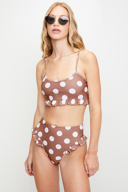 Ladies Printed Bikini Top With FrilledHem, Removable Cups And AdjustableStraps - Tan / White Polka Dot