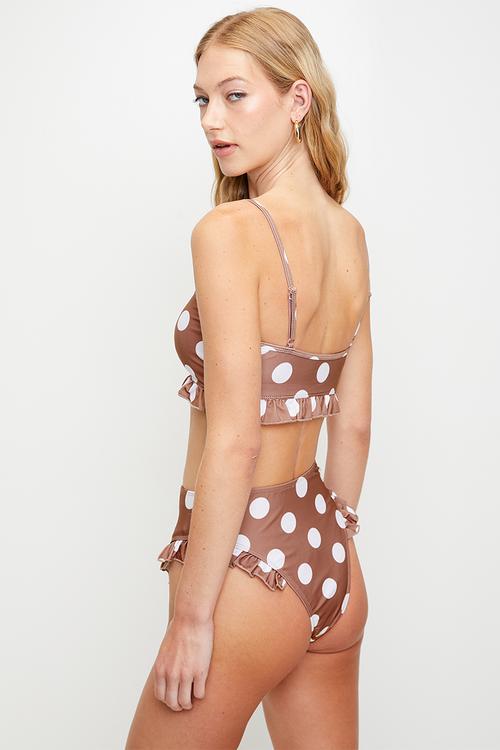 Ladies Printed Bikini Top With FrilledHem, Removable Cups And AdjustableStraps - Tan / White Polka Dot