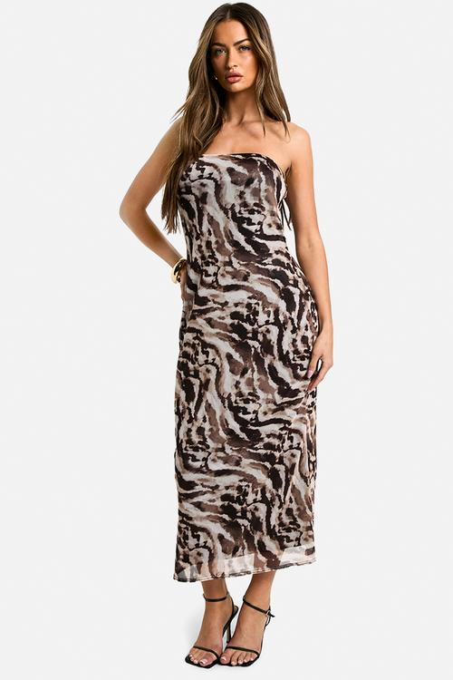 Bandeau printed mesh midaxi dress - brown