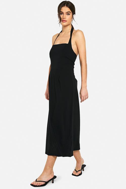 Bengaline square neck skater midaxi dress _ black