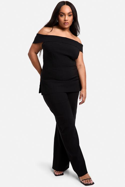 Plus Bardot Corset Style Wide Leg Trouser Co-Ord - Black