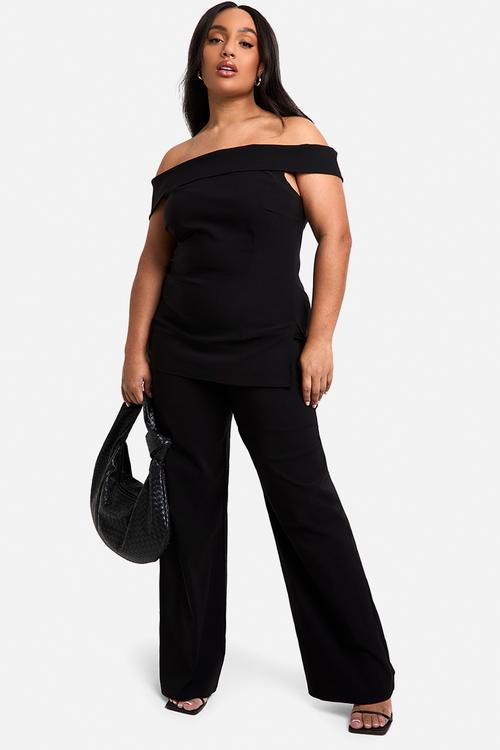 Plus Bardot Corset Style Wide Leg Trouser Co-Ord - Black