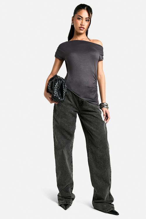 Supersoft drape off shoulder ruched top - charcoal