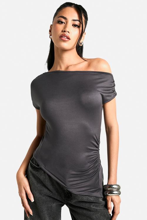 Supersoft drape off shoulder ruched top - charcoal
