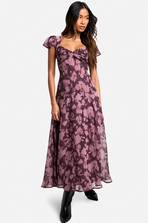 Floral long sleeve twist front midaxi dress - purple