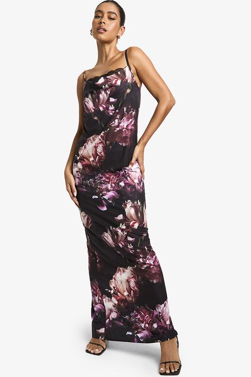 Lace trim floral maxi dress - black