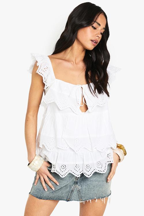 Broderie trim layered cami top - white