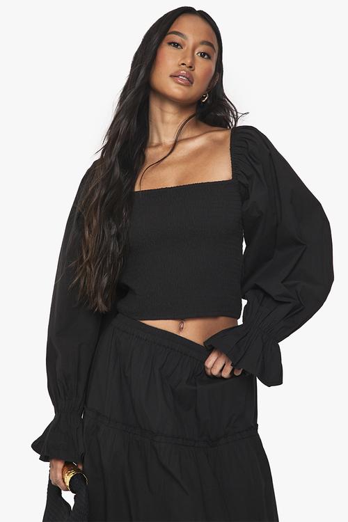 Plus Cotton Puff Sleeve Blouse - Black
