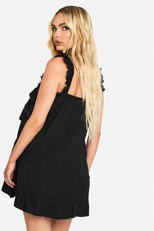 Cotton layered ruffle smock mini dress - black