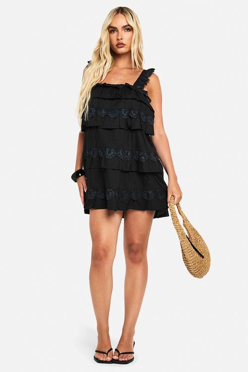 Cotton layered ruffle smock mini dress - black