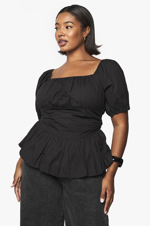 Plus Cotton Puff Sleeve Blouse -  Black 