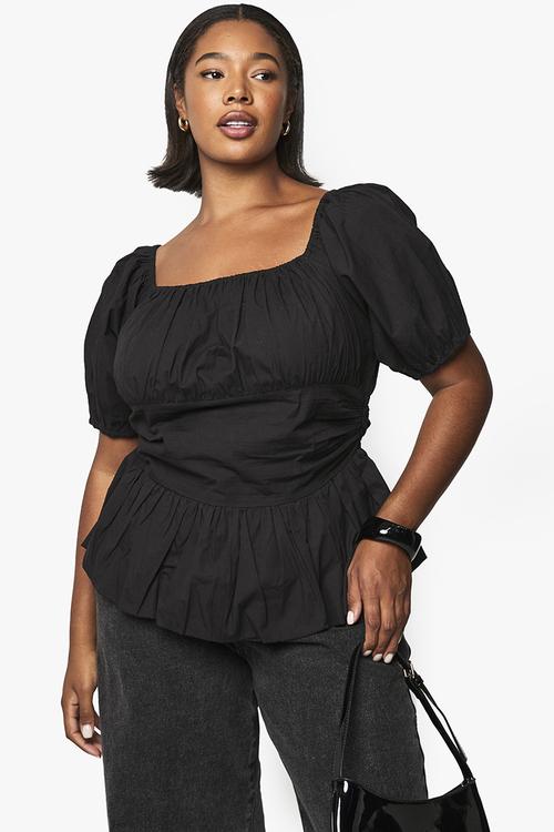 Plus Cotton Puff Sleeve Blouse -  Black 