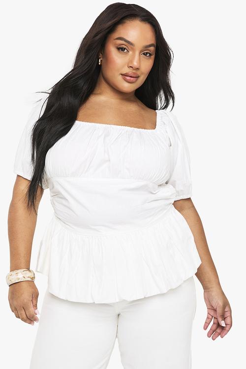 Plus Cotton Puff Sleeve Blouse -  White 