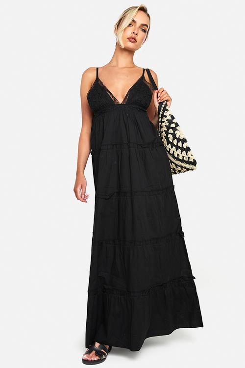 Embroidered ruffle cotton maxi dress - black