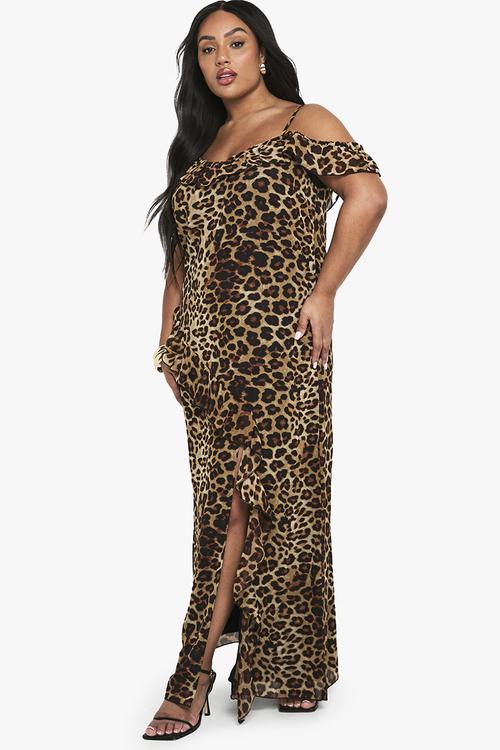 Plus Chiffon Printed Ruffle Cold Shoulder Slip Dress -  Leopard
