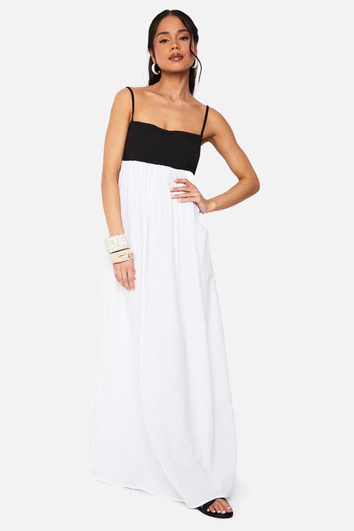 Contrast linen smock maxi dress - black & white