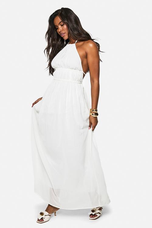 Chiffon halterneck ruched maxi dress - white