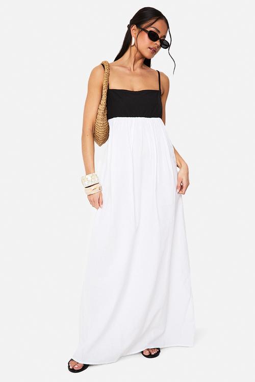 Contrast linen smock maxi dress - black & white