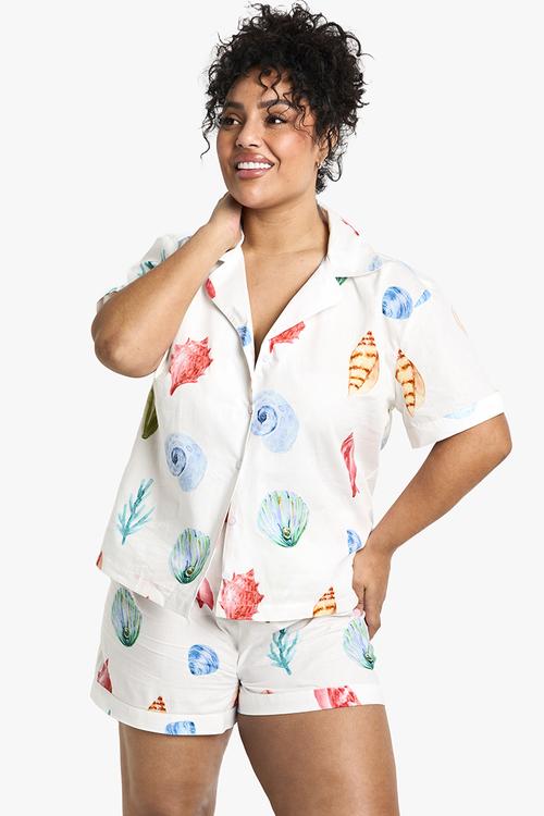 Plus shell printed poplin short sleeve pyjama shorts set - multi