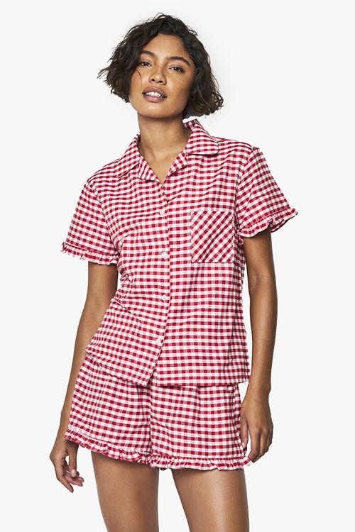 Tall gingham cotton poplin  ruffle short pyjama set - red