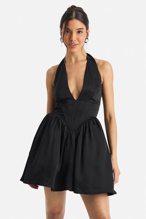 Satin halterneck boned detail volume mini dress - black