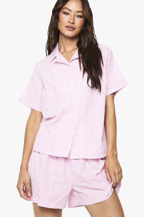 Tall cotton poplin pinstripe heart print shirt and short py - pink