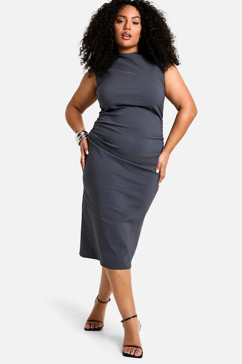 Plus Bengaline Ruched High Neck Midi Dress - Charcoal