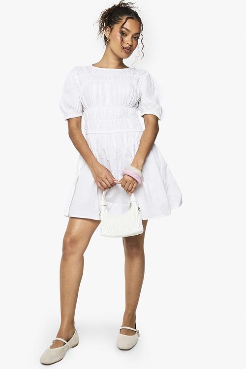 Cotton poplin shirred mini dress -  white
