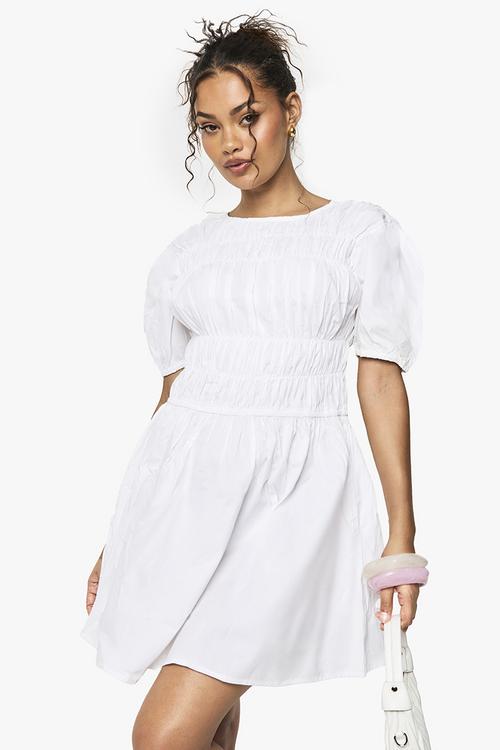 Cotton poplin shirred mini dress -  white