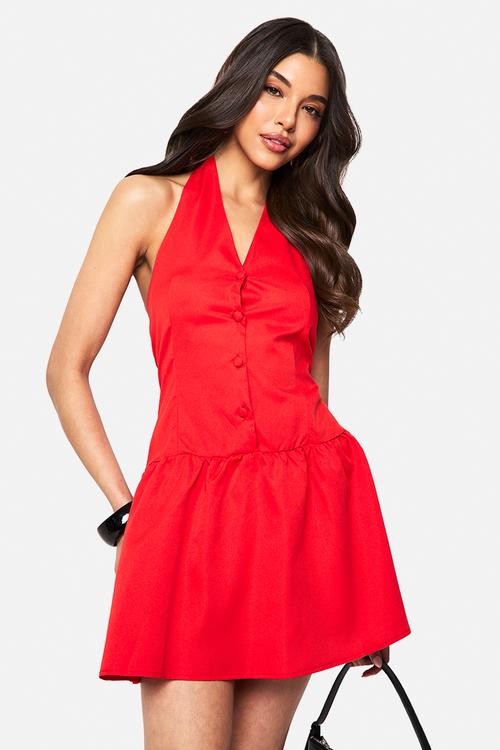Halterneck button down smock dress - red