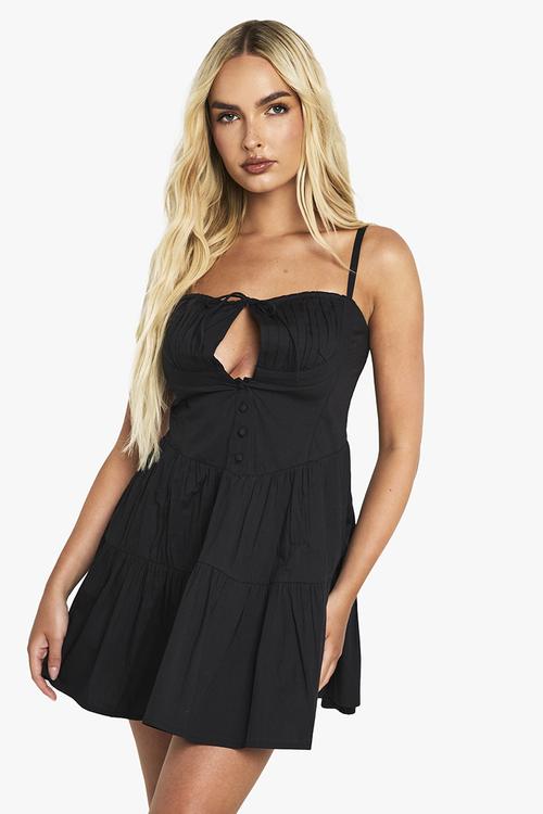 Cotton milkmaid mini dress - black