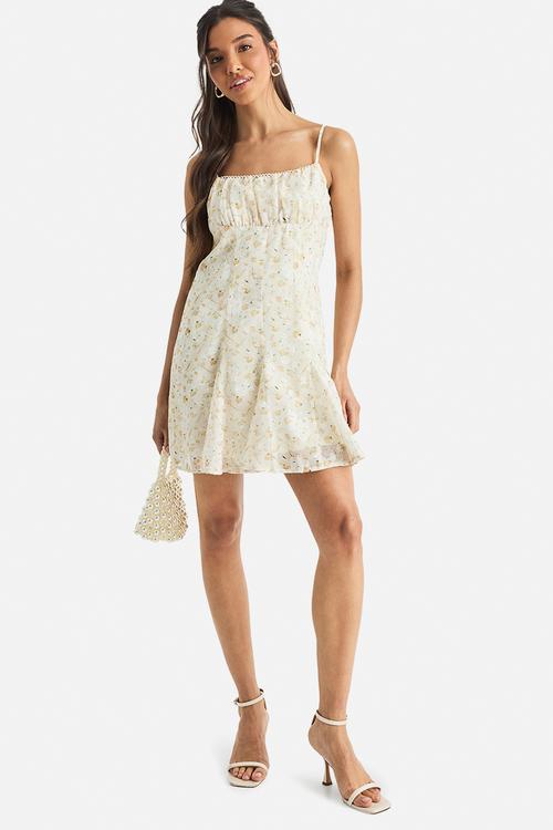 Burnout floral strappy godet hem mini dress - white