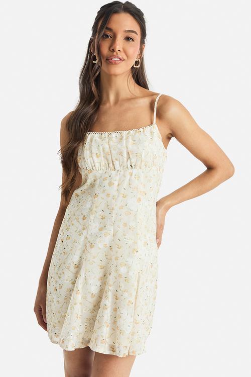 Burnout floral strappy godet hem mini dress - white