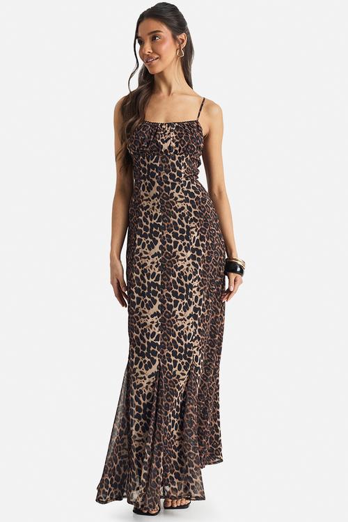 Leopard printed godet hem slip dress - brown