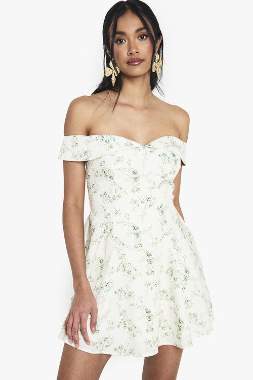 Floral print bardot skater mini dress - green